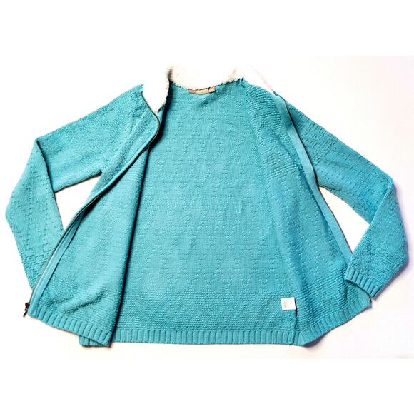 Croft Barrow Sweater Jacket M Teal Sherpa Collar Textured Granny Cottagecore Y2K - Picture 2 of 12